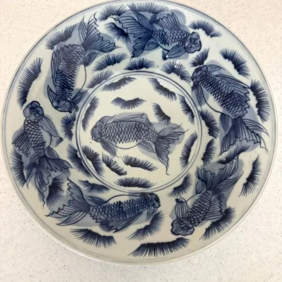Chinese Antique Blue and White Light Blue Porcelain Bowl w/ Koi Goldfish Pattern - Picture 2 of 14